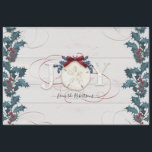 Christmas Blue White Holly Pine Beach Hütte Wood Seidenpapier<br><div class="desc">Wasserfarbener Sand-Dollar mit Vintagen blauen heiligen Blätter, roten Beeren und einem roten Bogen ist die Mitte des Strandes inspiriert Weihnachtswaschpapier Papier oder entweihten Kunsthandwerk Papier. Typografie Design "JOY", wird durch Scrollwork rot Kalligraphie Schnörkel und Ihr Familienname personalisiert hervorgehoben. Das Ganze ist aus weißem Hütte-Holz. Gemalt und grafisch entworfen von Audrey...</div>
