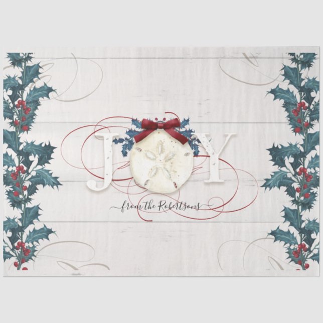 Christmas Blue White Holly Pine Beach Hütte Wood Seidenpapier (Vorderseite)