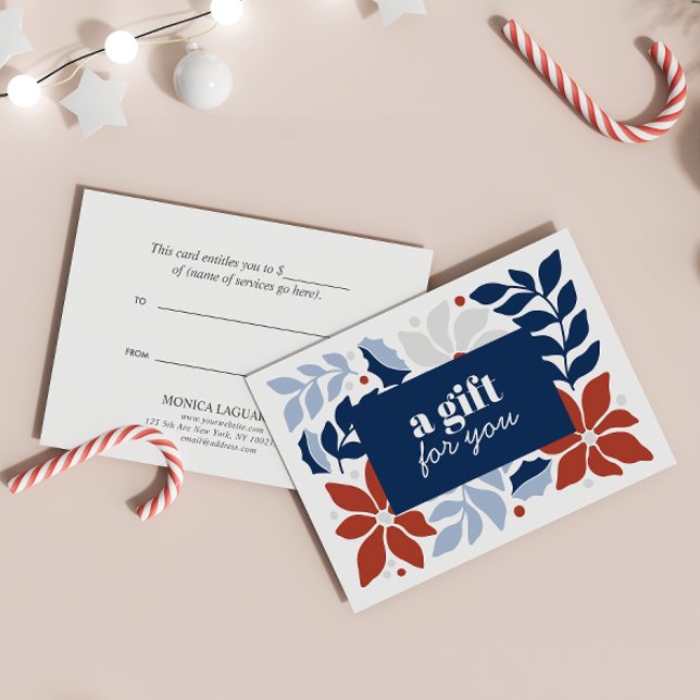 CHRISTMAS BLUME RED BLUE SILVER - BESONDERE (GIFT CERTIFICATE CHRISTMAS THEMED WITH BLUE LEAVES AND RED FLOWERS AND BERRIES. )