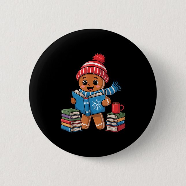 Christmas Bookworm Gingerbread Reading Books Funny Button (Vorderseite)