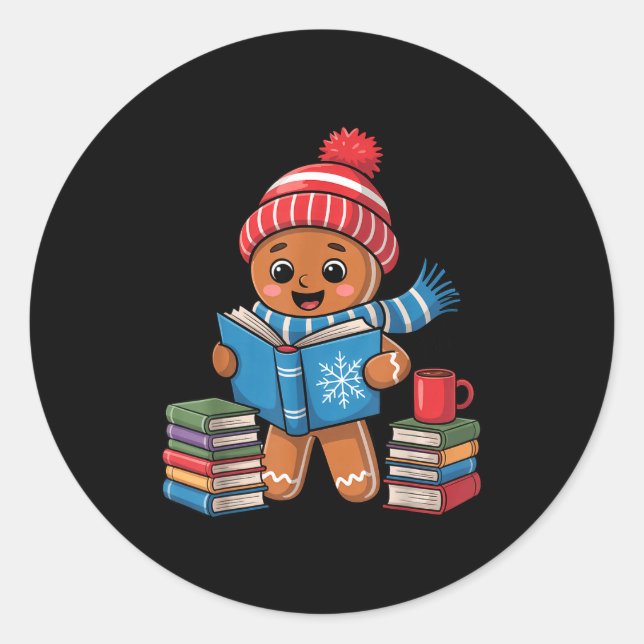 Christmas Bookworm Gingerbread Reading Books Funny Runder Aufkleber (Vorderseite)