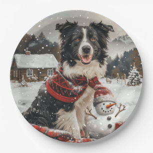 Christmas Border Collie Dog Snowman Pappteller