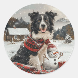Christmas Border Collie Dog Snowman Runder Aufkleber