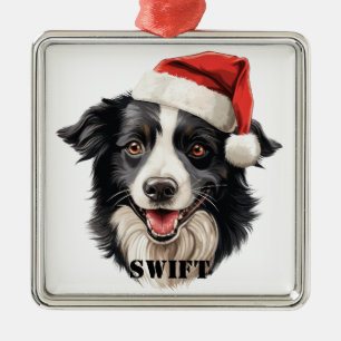 CHRISTMAS BORDER COLLIE HUND MIT WEIHNACHTSMANNMÜT ORNAMENT AUS METALL
