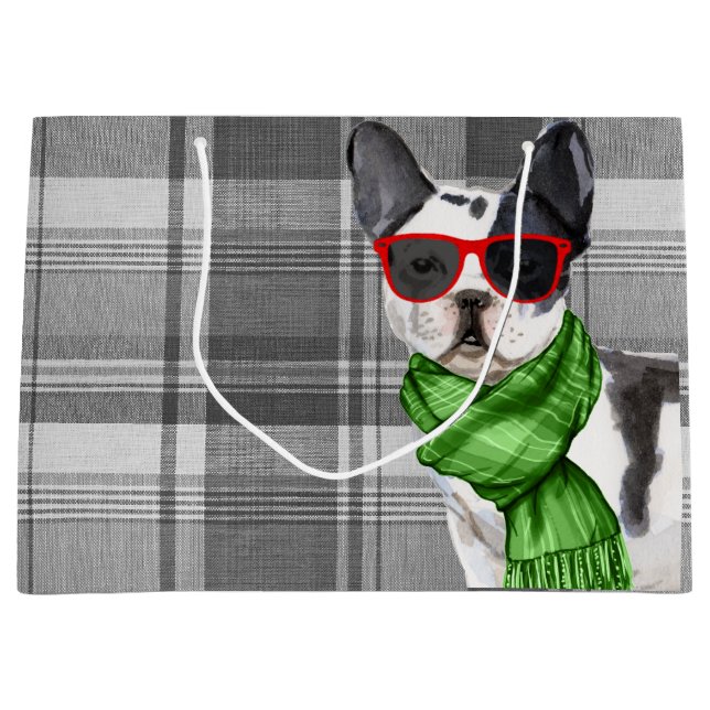 Christmas Boston Terrier Dog und Kariert Große Geschenktüte (Vorderseite)