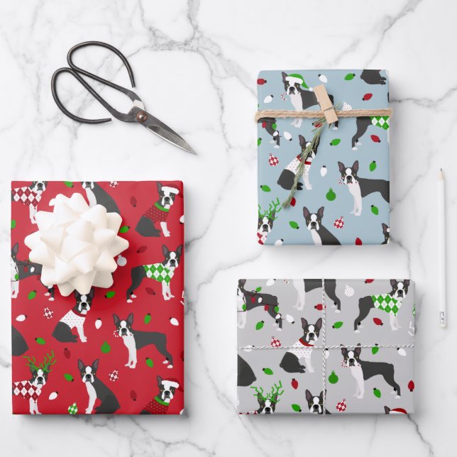 Christmas Boston Terrier Geschenkpapier Set (Vorderseite)