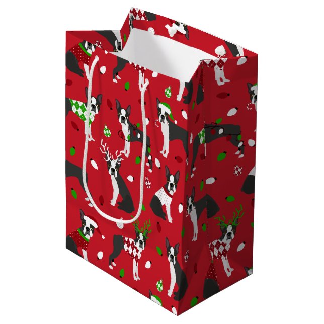 Christmas Boston Terrier Medium Geschenktasche Mittlere Geschenktüte (Vorderseite Schrägansicht)