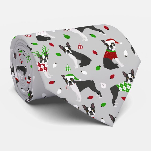 Christmas Boston Terrier Neck Tie Krawatte (Gerollt)