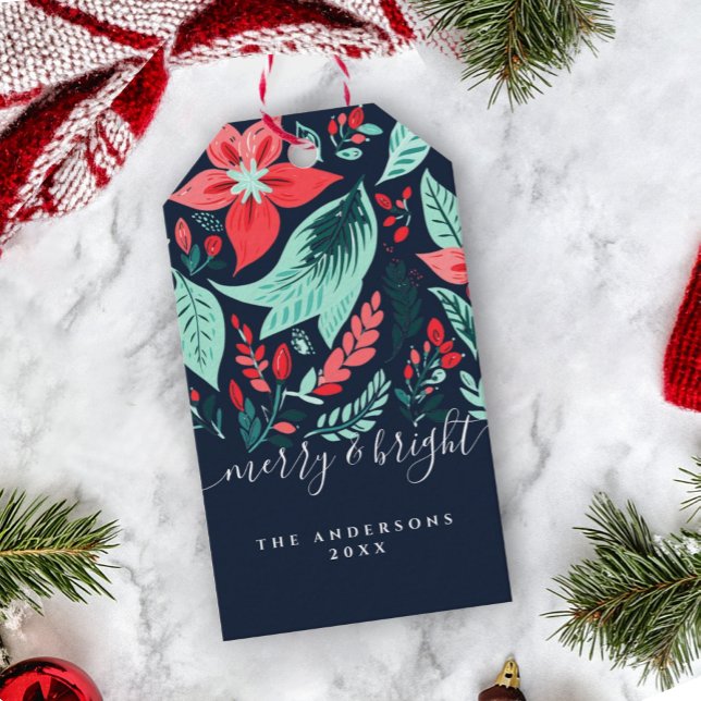 Christmas Botanical Red Floral Blue Holiday Geschenkanhänger (Von Creator hochgeladen)