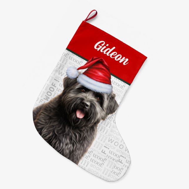 Christmas Bouvier Dog mit dem Namen Woof Backgroun Großer Weihnachtsstrumpf (Vorderansicht (hängend))