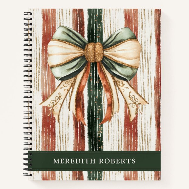 Christmas Bow Rustic Stripes Personalized Notizbuch (Vorderseite)