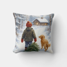 Christmas Boy In Snowflakes With Pine Tree and Dog Kissen