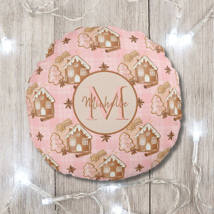 Christmas Brown Gingerbread House Pink Karierte Bä Rundes Kissen