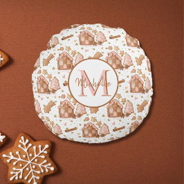 Christmas Brown Gingerbread House Pink Trees Rundes Kissen