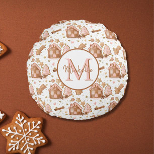 Christmas Brown Gingerbread House Pink Trees Rundes Kissen