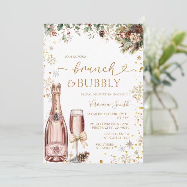 Christmas Brunch & Bubbly Champagne Bridal Shower  Einladung (Stehend Vorderseite)