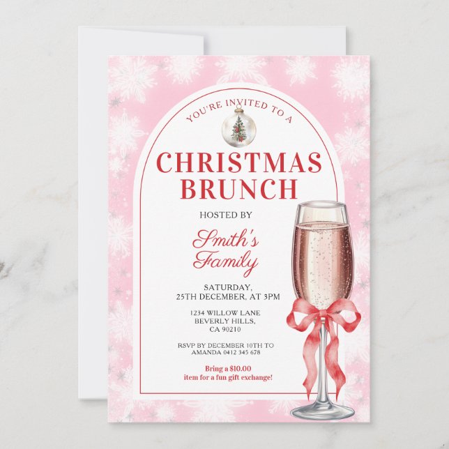 Christmas Brunch Party Red Bow Wine Pink Gingham Einladung (Vorderseite)