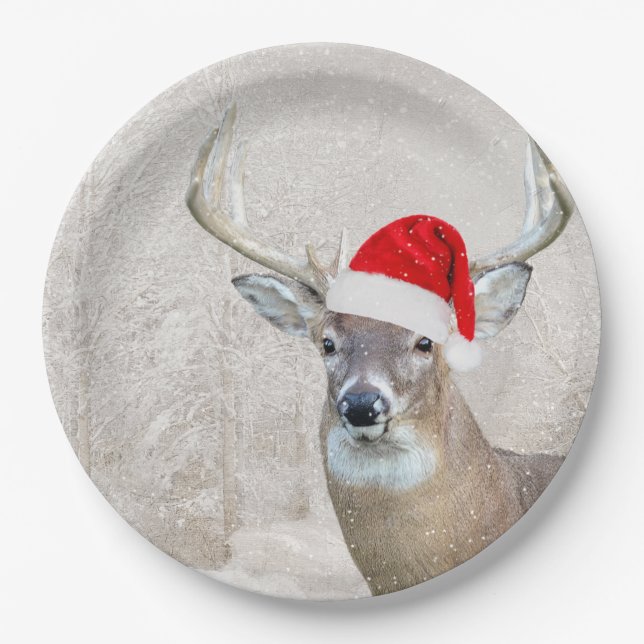 Christmas Buck Deer mit Weihnachtsmannmütze Pappteller (Vorderseite)