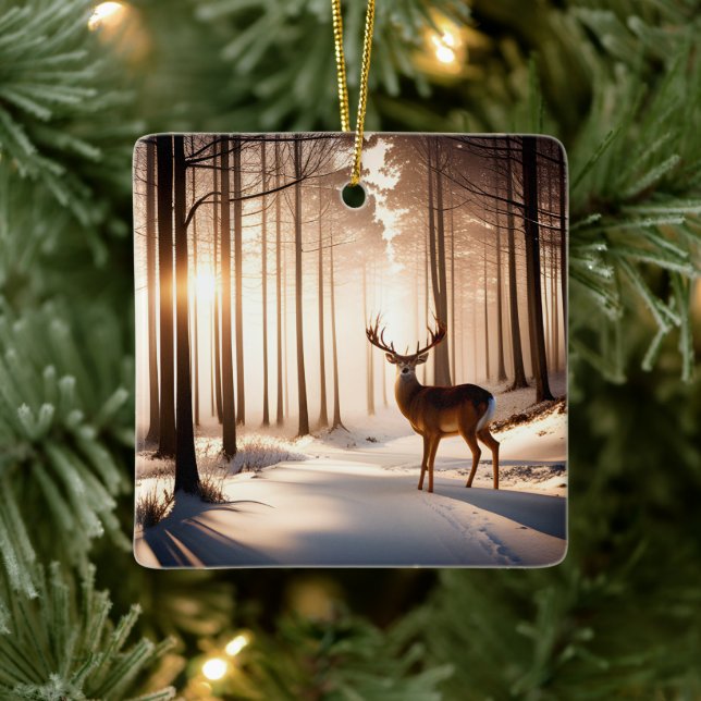 Christmas Buck In Winter Forest Keramikornament (Baum)
