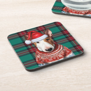 Christmas Bull Terrier Dog Red Green Kariert Holid Getränkeuntersetzer