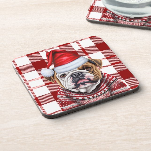Christmas Bulldog Red Kariert Holiday Getränkeuntersetzer (Linke Seite)