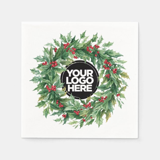 Christmas Business Logo Holly Berry Wreath Serviette (Vorderseite)