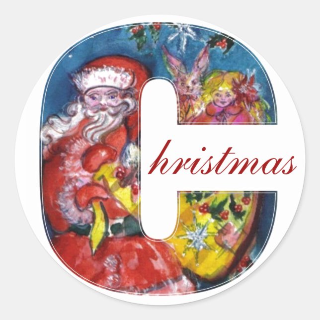 CHRISTMAS C SCHREIBEN / SANTA MIT GIFTMONOGRAMM RUNDER AUFKLEBER (Vorderseite)