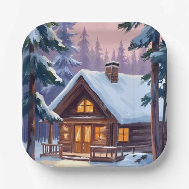 Christmas Cabin Forest Winter Snow Holiday Pappteller (Vorderseite)
