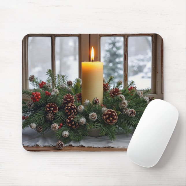 Christmas Candle In a Pine Centerpiece Mousepad (Mit Mouse)
