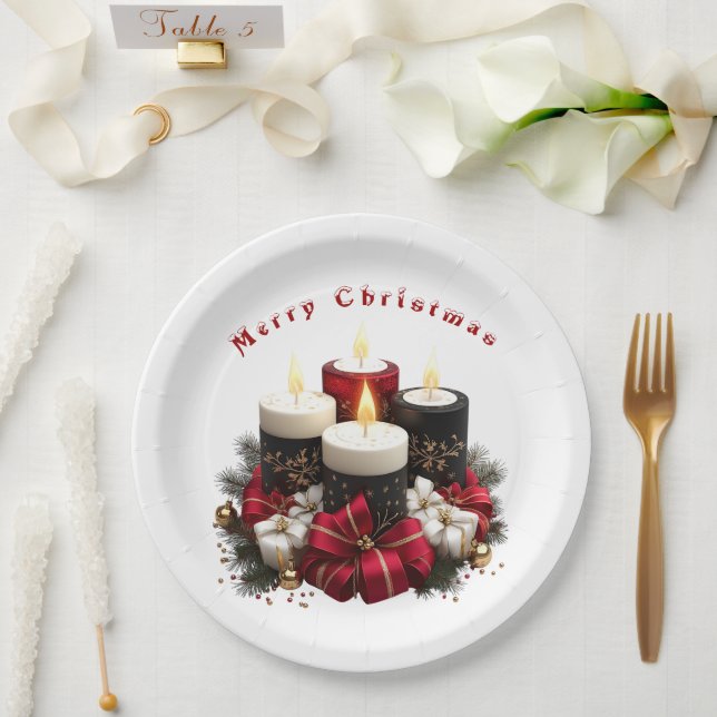 Christmas Candles Red White Ribbons Gold Ornaments Pappteller (Hochzeit)