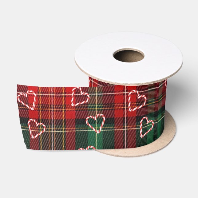 Christmas Candy Cane Hearts On Tartan Plaid Satinband (Spule)