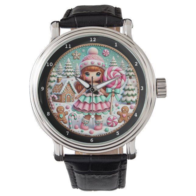 Christmas Candy Cane House and Girl Armbanduhr (Vorderseite)