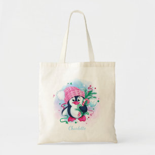 Christmas Candy Cane Penguin Personalisierter Name Tragetasche
