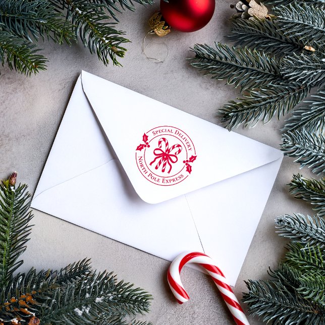 Christmas Candy Cane Wood Art Stamp Permastempel (Red candy cane stamp on white envelope)