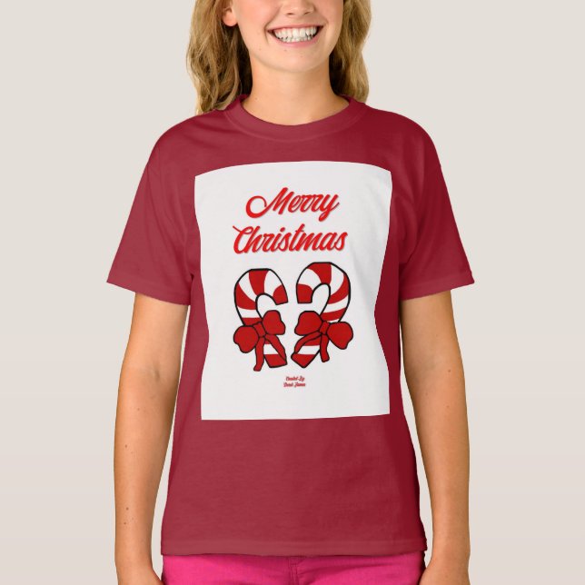 Christmas Candy Canes Girls Maroon Basic T Shirt (Vorderseite)