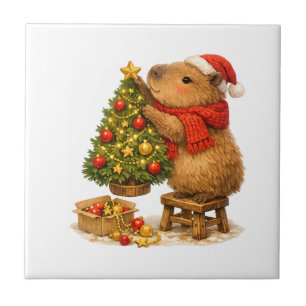 Christmas Capybara schmückt Baum Fliese