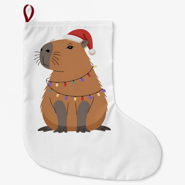 Christmas Capybara With Santa Hat Xmas Lights Großer Weihnachtsstrumpf (Vorderseite)