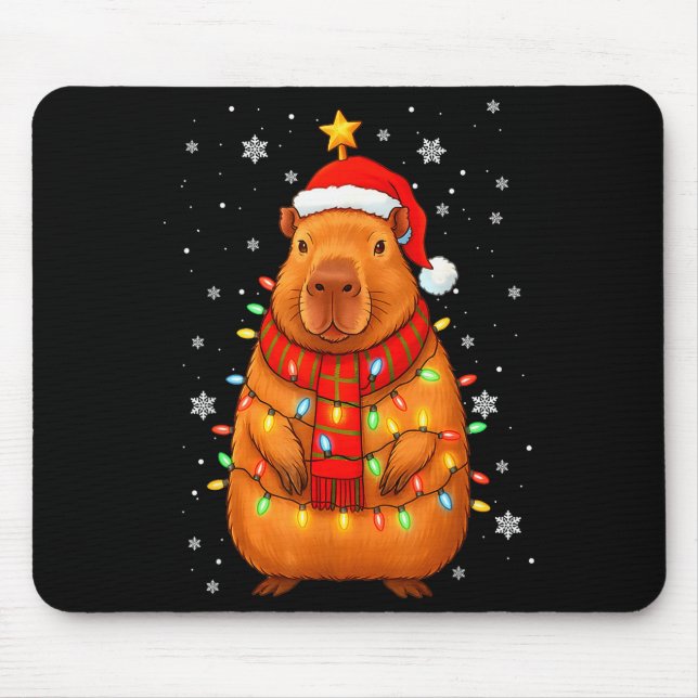 Christmas Capybara With Santa Hat Xmas Lights Tree Mousepad (Vorne)