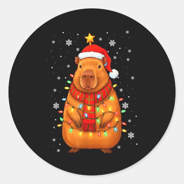 Christmas Capybara With Santa Hat Xmas Lights Tree Runder Aufkleber (Vorderseite)