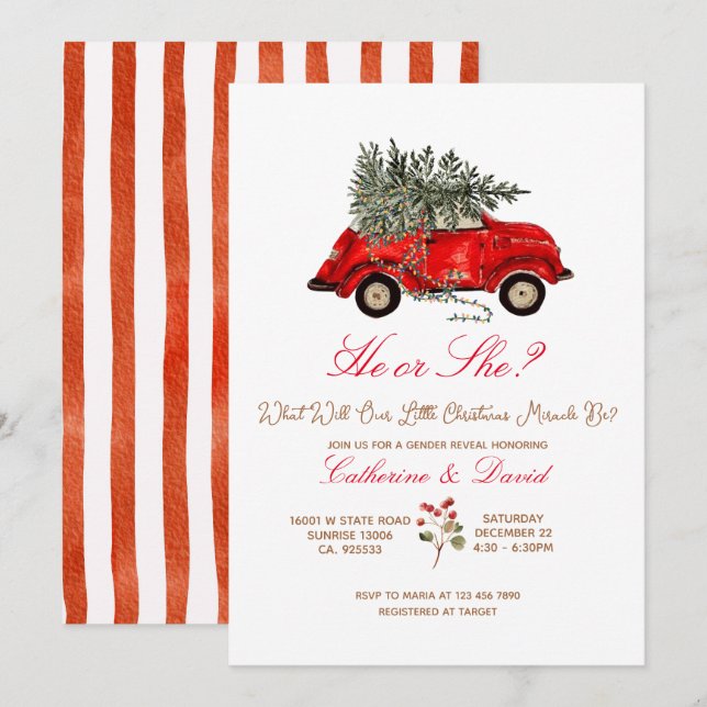 Christmas Car and Tree Gender Reveal Invitation Einladung (Vorne/Hinten)