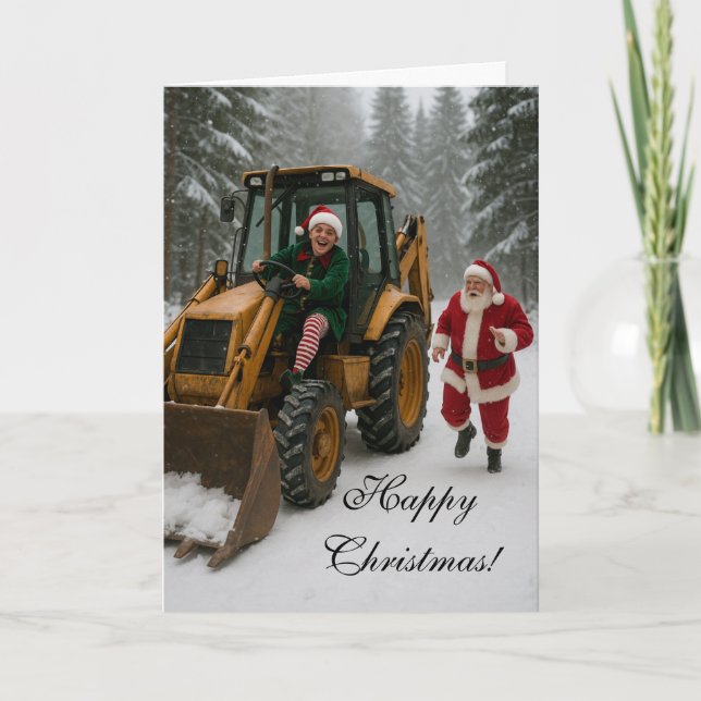 Christmas card -  Elf stealing Santa's digger  Karte (Vorderseite)