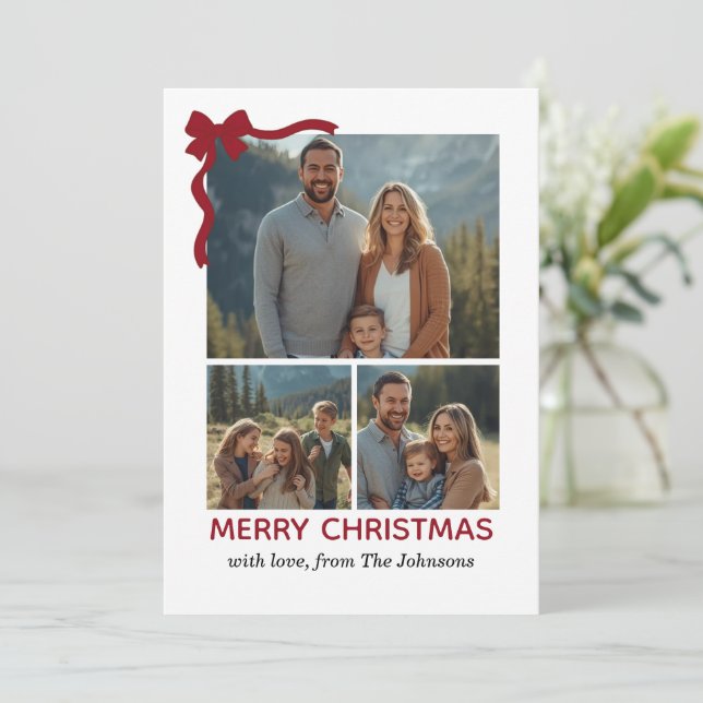 Christmas Card – Red Bow, 4 Photo, Personalized Dankeskarte (Stehend Vorderseite)