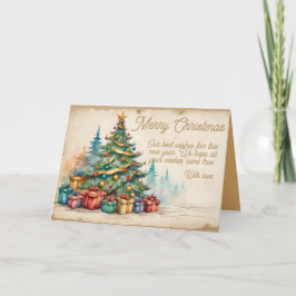 Christmas Card With Decorated Tree and Gifts Feiertagskarte
