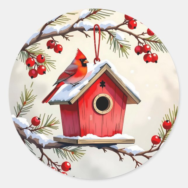 Christmas Cardinal Birdhouse snowy pine branch  Runder Aufkleber (Vorderseite)
