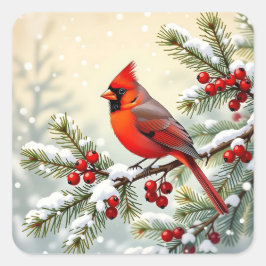 Christmas Cardinal on snowy pine branch  Quadratischer Aufkleber