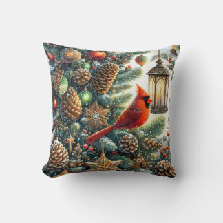 Christmas Cardinal with Pinecones and Lanterns Kissen