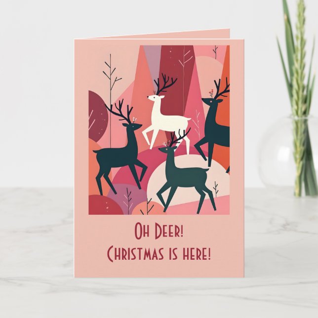 Christmas Caribou Pink KItsch MId-Century Retro Karte (Vorderseite)