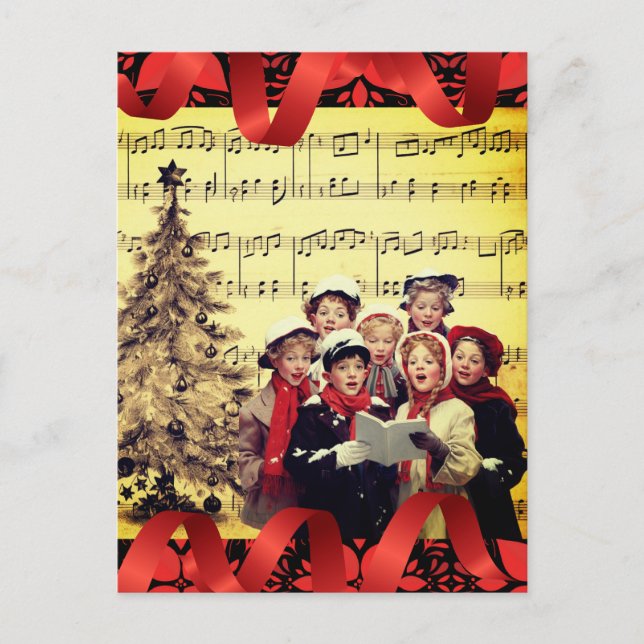 Christmas Carolers Red Ribbon Musical Postkarte (Vorderseite)