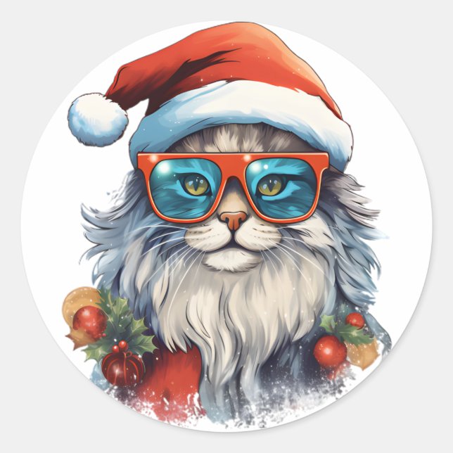 Christmas Cat Classic Runder Aufkleber (Vorderseite)