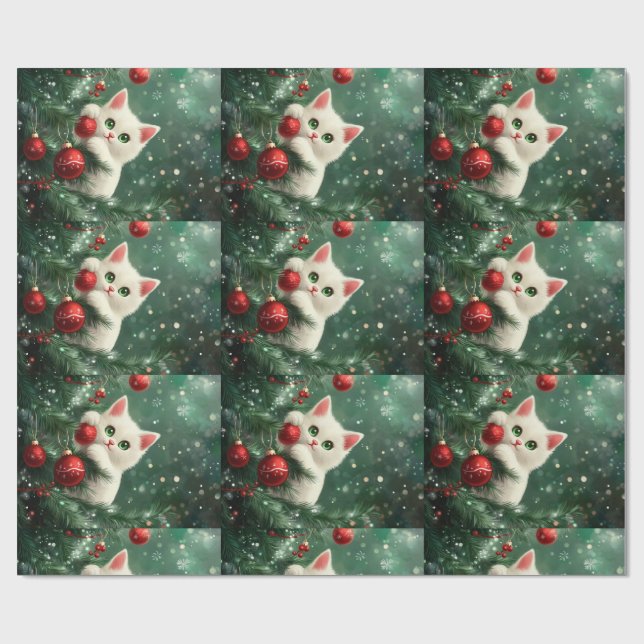 Christmas Cat Climbing Xmas Tree Geschenkpapier (Flach)